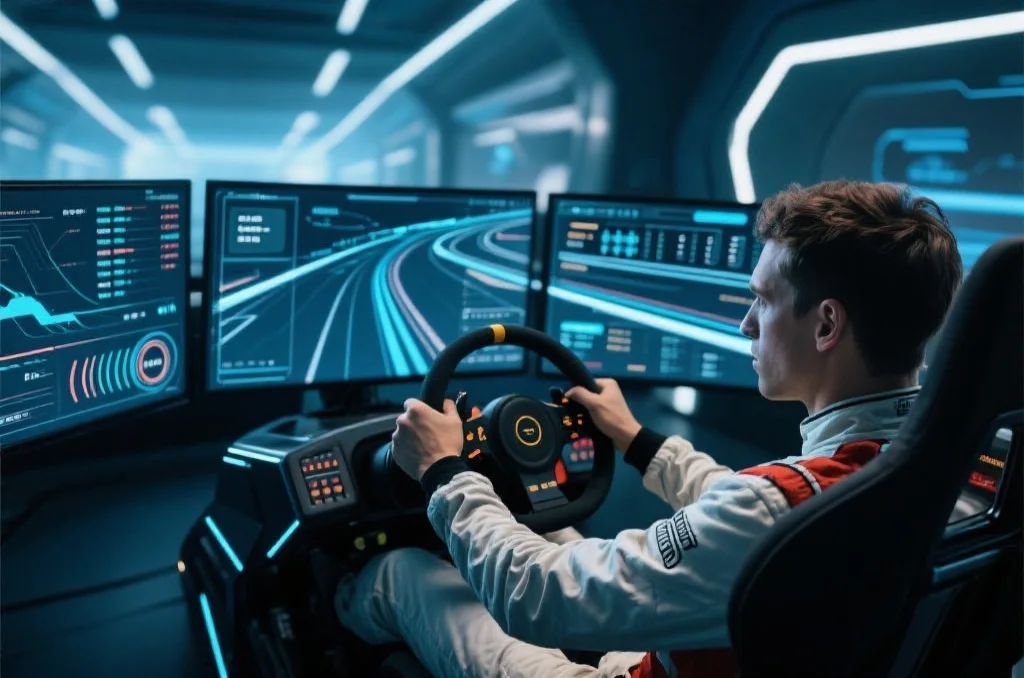 一名赛车手在模拟驾驶舱中进行策略性驾驶